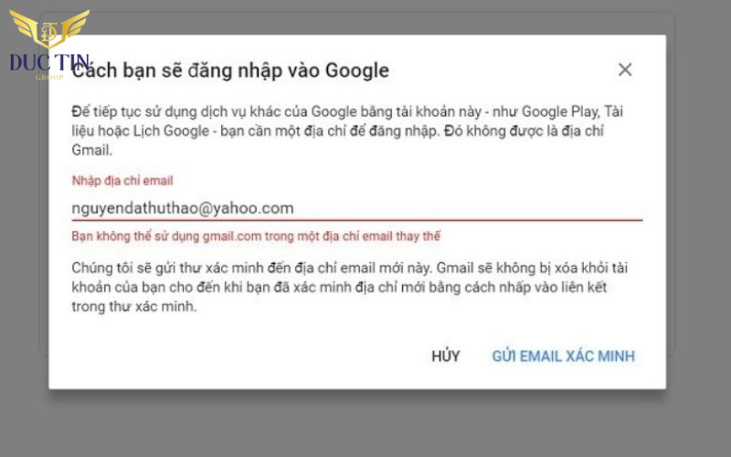 Gmail đã tồn tại sẽ không thể tạo một Gmail tương tự